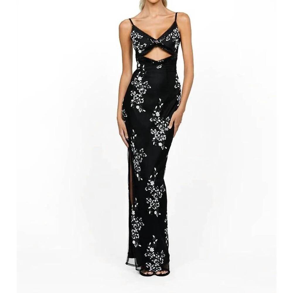 NEW BARIANO nightfall trim detail cut out maxi dress in black white